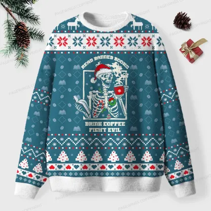 Pagewings Read Banned Books Drink Coffee Fight Evil Unisex Ugly Knit Sweatshirt