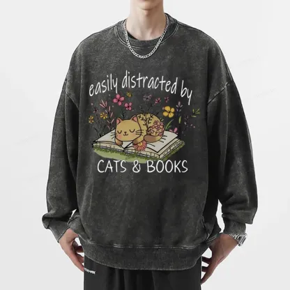 Pagewings Easily Distracted By Cats And Books Unisex Washed Sweatshirt