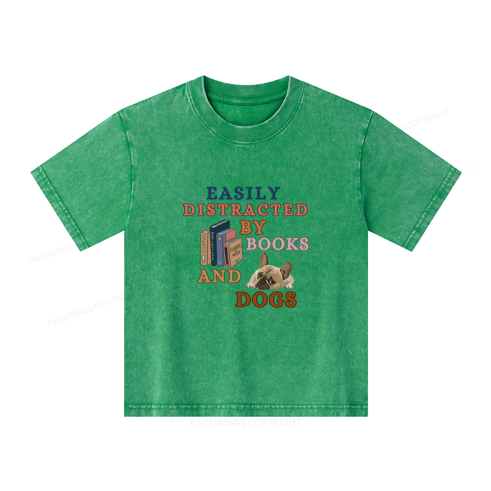 Pagewings Easily Distracted By Books And Dogs Unisex Kids Washed T-shirt