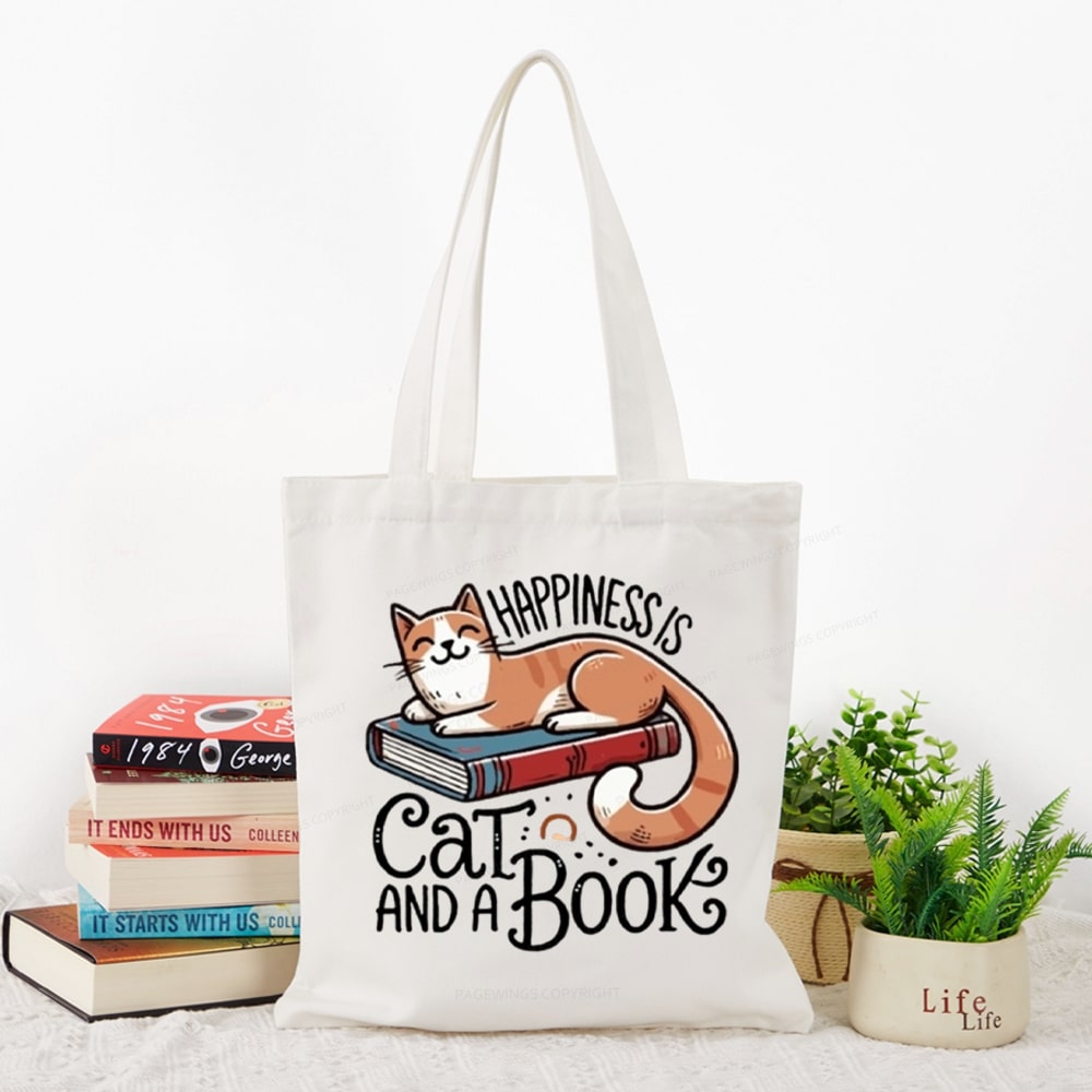 Pagewings Happiness Is A Cat And A Book Unisex Tote Bag