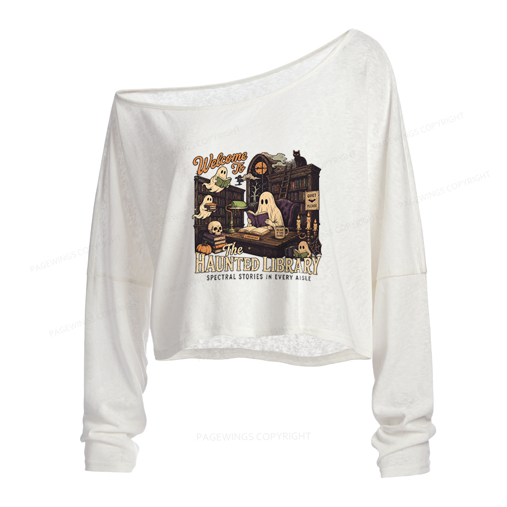 Pagewings Haunted Library Slouchy Long Sleeve Off Shoulder T-shirt