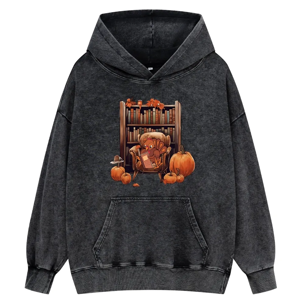Pagewings Thanksgiving Turkey Reading Unisex Washed Hoodie