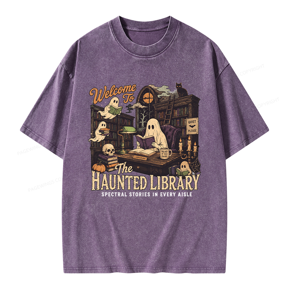 Pagewings Haunted Library Unisex Washed T-shirt