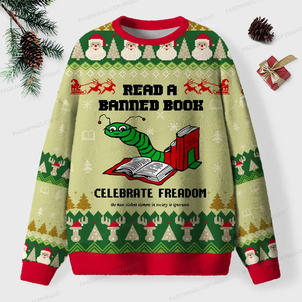 Pagewings Read A Banned Book Celebrate Freedom Unisex Ugly Knit Sweatshirt