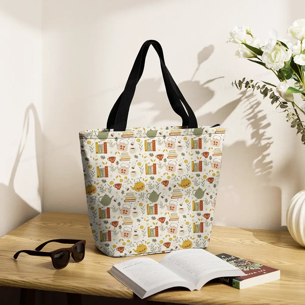 Pagewings Books And Coffee Large Zippered Tote Bag
