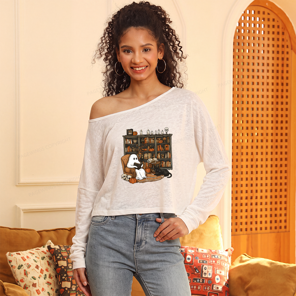 Pagewings Halloween Ghost Reading Books Slouchy Long Sleeve Off Shoulder T-shirt