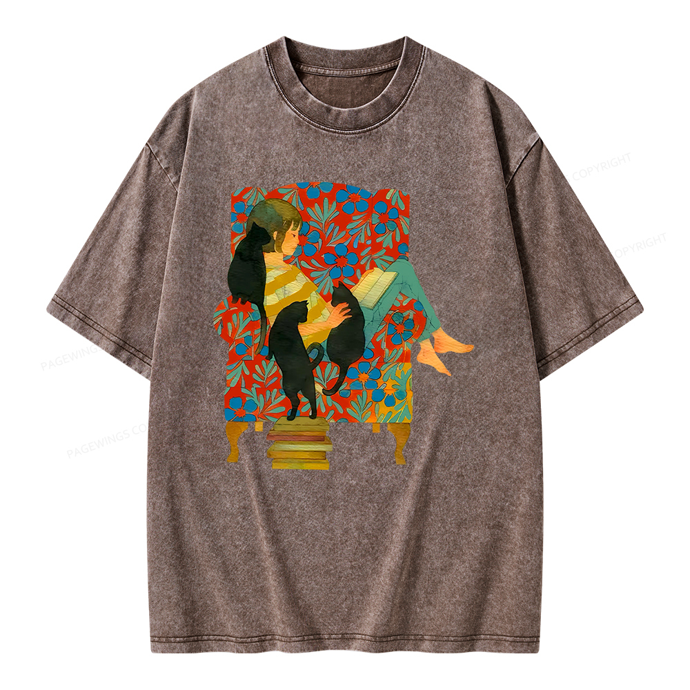 Pagewing A girl reading a book on the sofa Unisex Washed T-shirt