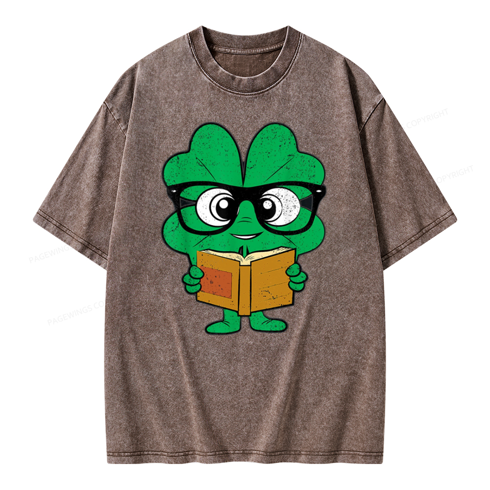 Pagewing Shamrock Reading Books St Patricks Day Unisex Washed T-shirt