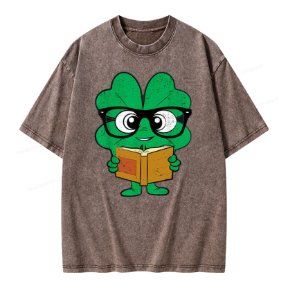 Pagewing Shamrock Reading Books St Patricks Day Unisex Washed T-shirt