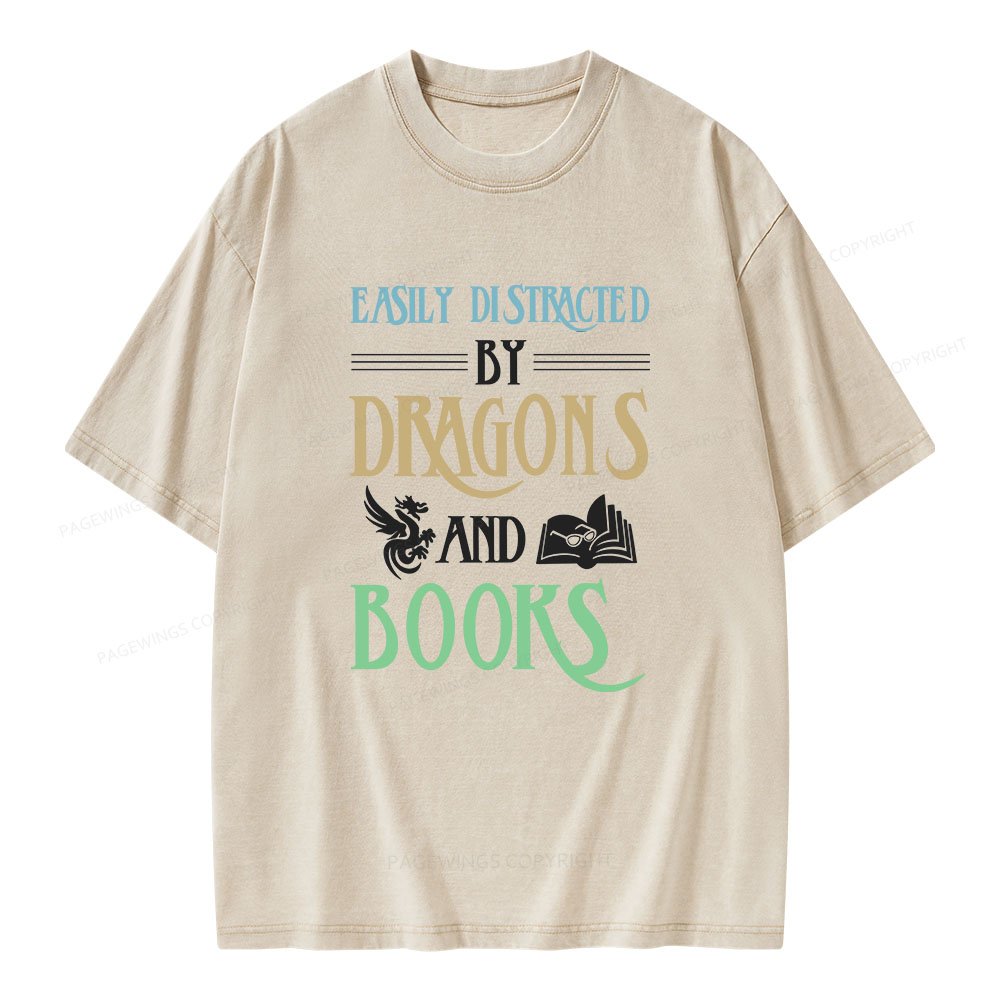 Pagewings Easily Distracted By Dragons And Books Unisex Washed T-shirt