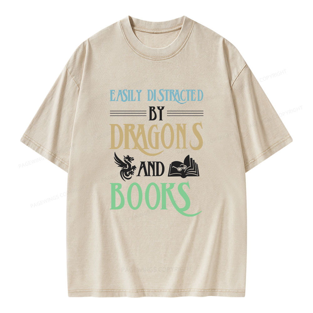 Pagewings Easily Distracted By Dragons And Books Unisex Washed T-shirt