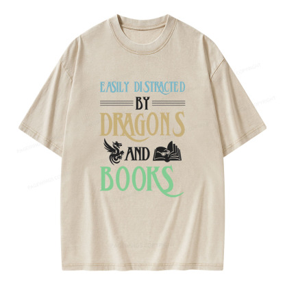 Pagewings Easily Distracted By Dragons And Books Unisex Washed T-shirt