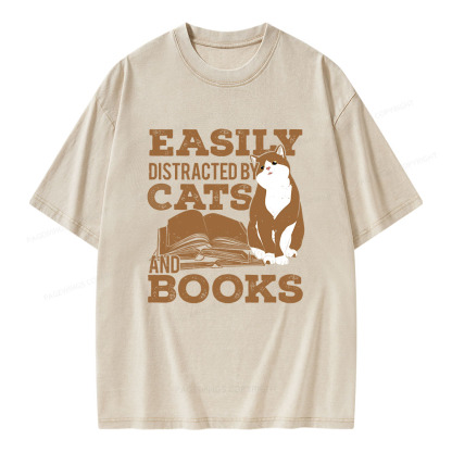 Pagewings Easily Distracted By Cats And Books All Year Unisex Washed T-shirt