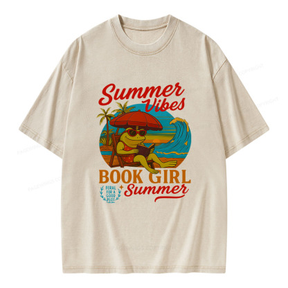 Pagewings Book Girl Summer Feral Raccoon Unisex Washed T-shirt