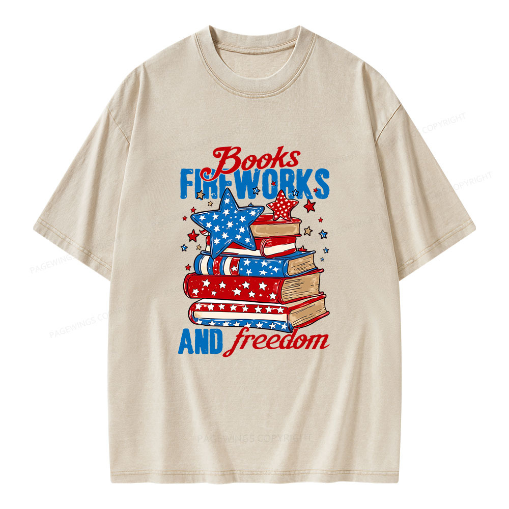 Pagewings Books Fireworks and Freedom Retro Unisex Washed T-shirt