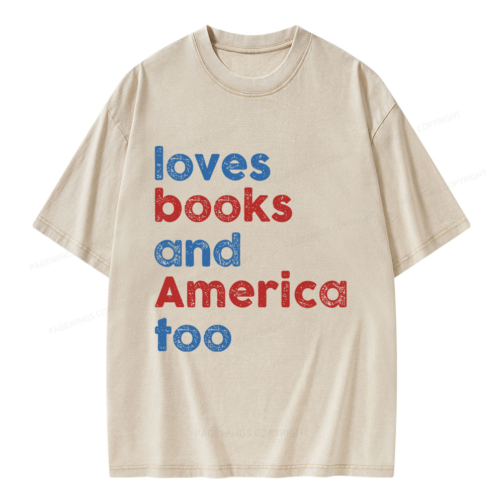 Pagewings Loves Books and America Too Unisex Washed T-shirt
