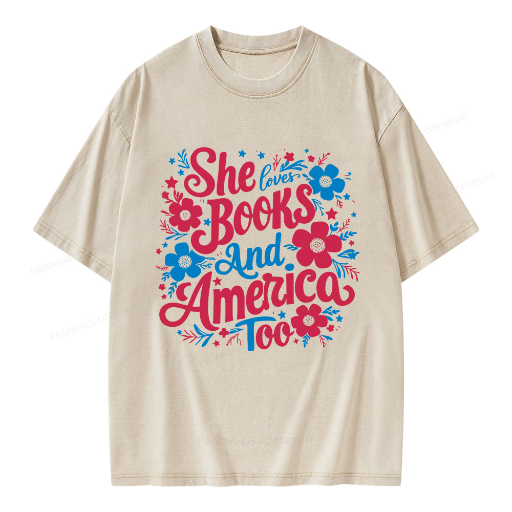 Pagewings She Loves Books And America Too Unisex Washed T-shirt