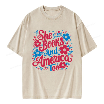 Pagewings She Loves Books And America Too Unisex Washed T-shirt