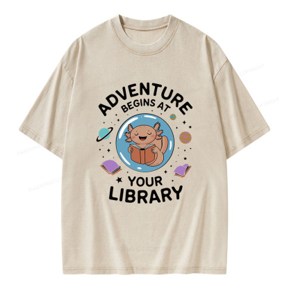 Pagewings Adventure Begins At Your Library Unisex Washed T-shirt