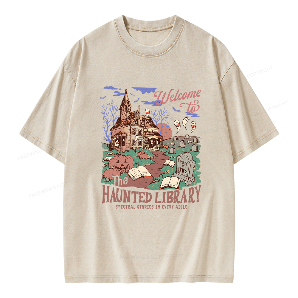 Pagewings Welcome To The Haunted Library Unisex Washed T-shirt