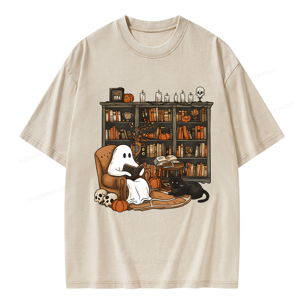 Pagewings Halloween Ghost Reading Books Unisex Washed T-shirt