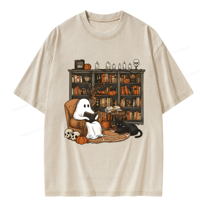 Pagewings Halloween Ghost Reading Books Unisex Washed T-shirt