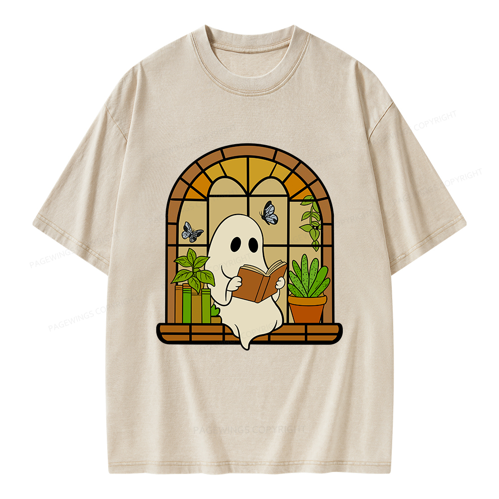 Pagewings Ghost Reading Book Halloween Unisex Washed T-shirt
