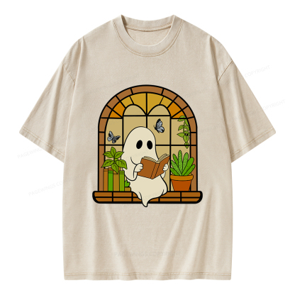 Pagewings Ghost Reading Book Halloween Unisex Washed T-shirt