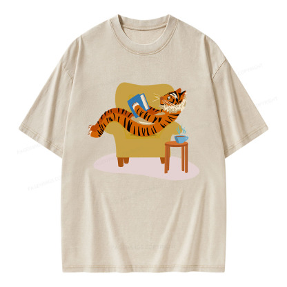 Pagewings Tiger Reading Unisex Washed T-shirt