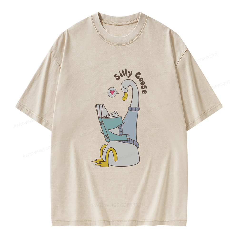 Pagewings Cute Silly Goose Reading Book Unisex Washed T-shirt