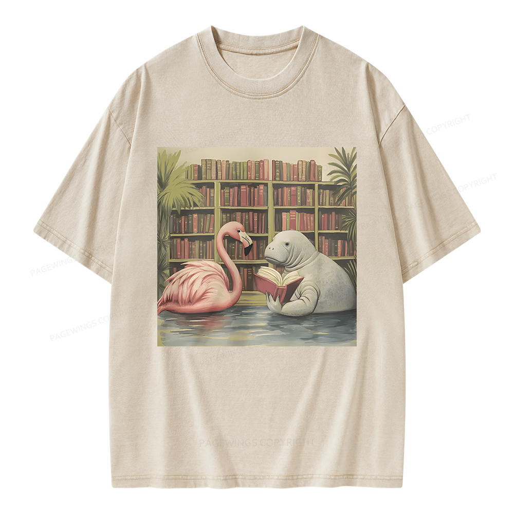Pagewings Flamingo & Manatee Reading Book Unisex Washed T-shirt