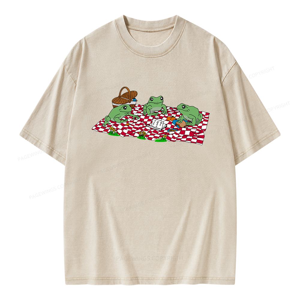 Pagewings Frog Picnic Book Summer Unisex Washed T-shirt