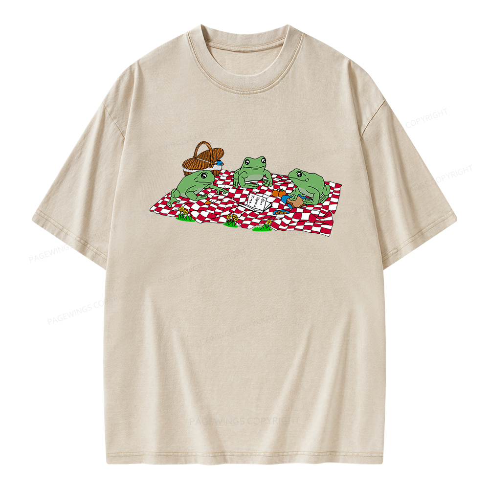 Pagewings Frog Picnic Book Summer Unisex Washed T-shirt