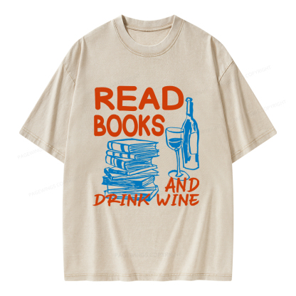 Pagewings Read Book And Drink Wine Unisex Washed T-shirt