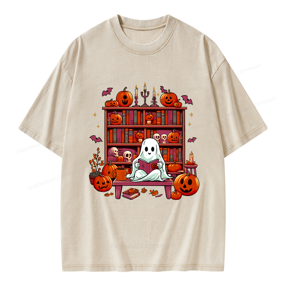 Pagewings Ghost Book Reader  Unisex Washed T-shirt