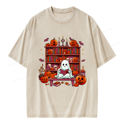 Pagewings Ghost Book Reader  Unisex Washed T-shirt