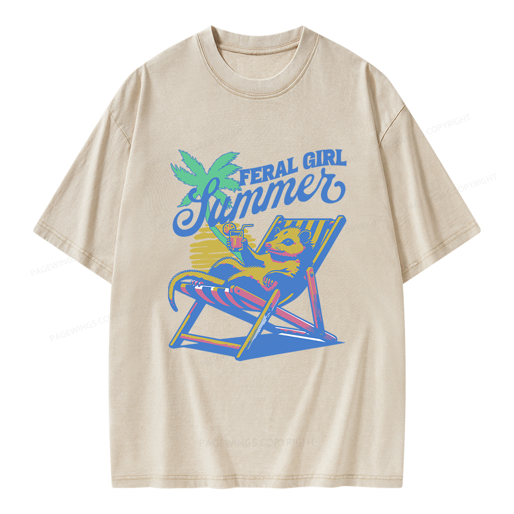 Pagewings Feral Girl Summer Opossum Unisex Washed T-shirt