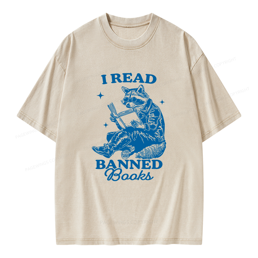 Pagewings I Read Banned Books Raccoon Reading Unisex Washed T-shirt