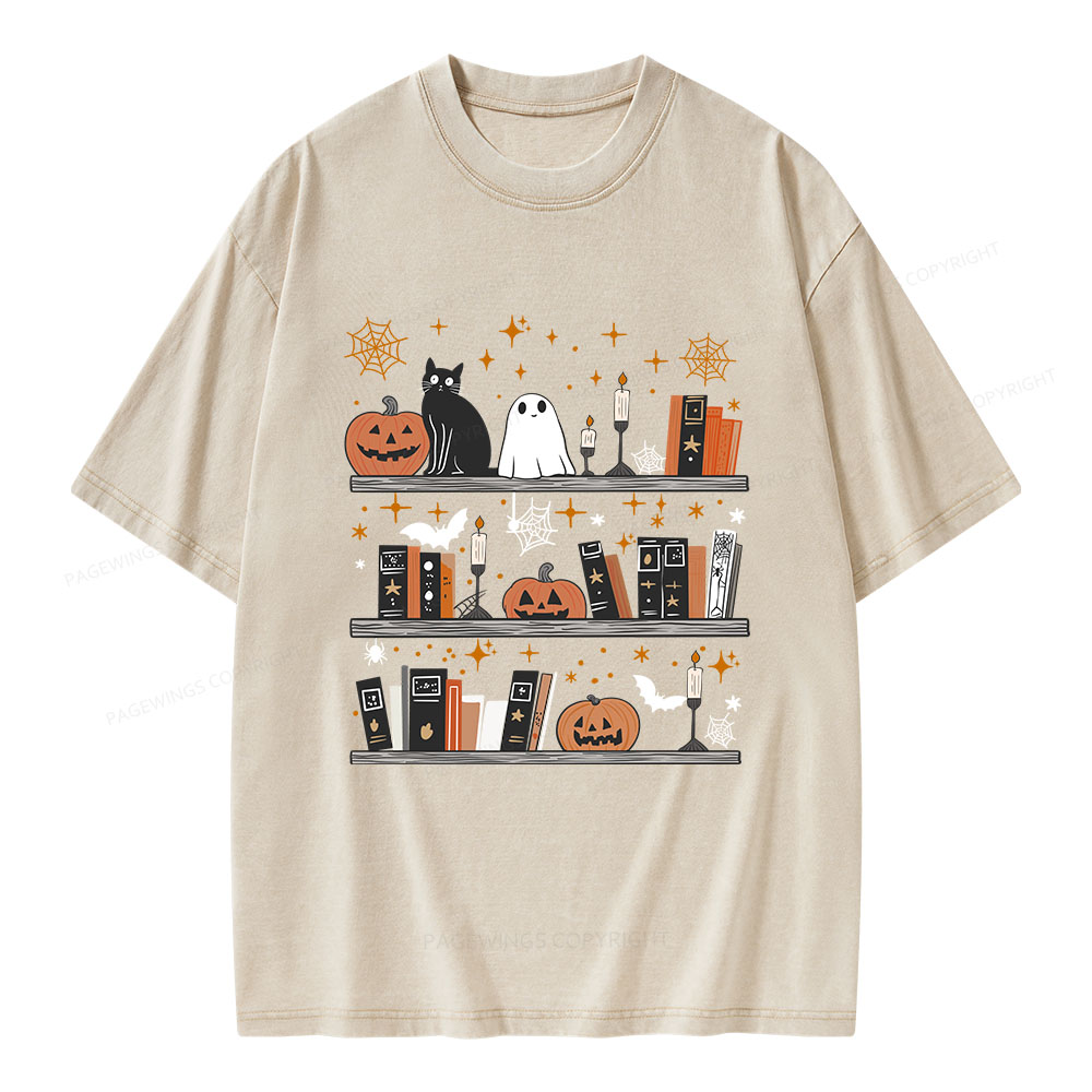 Pagewings Halloween Book Shelf Summerween Unisex Washed T-shirt