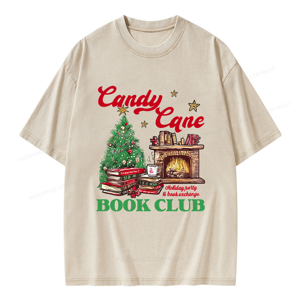Pagewings Candy Cane Christmas Book Club Unisex Washed T-shirt