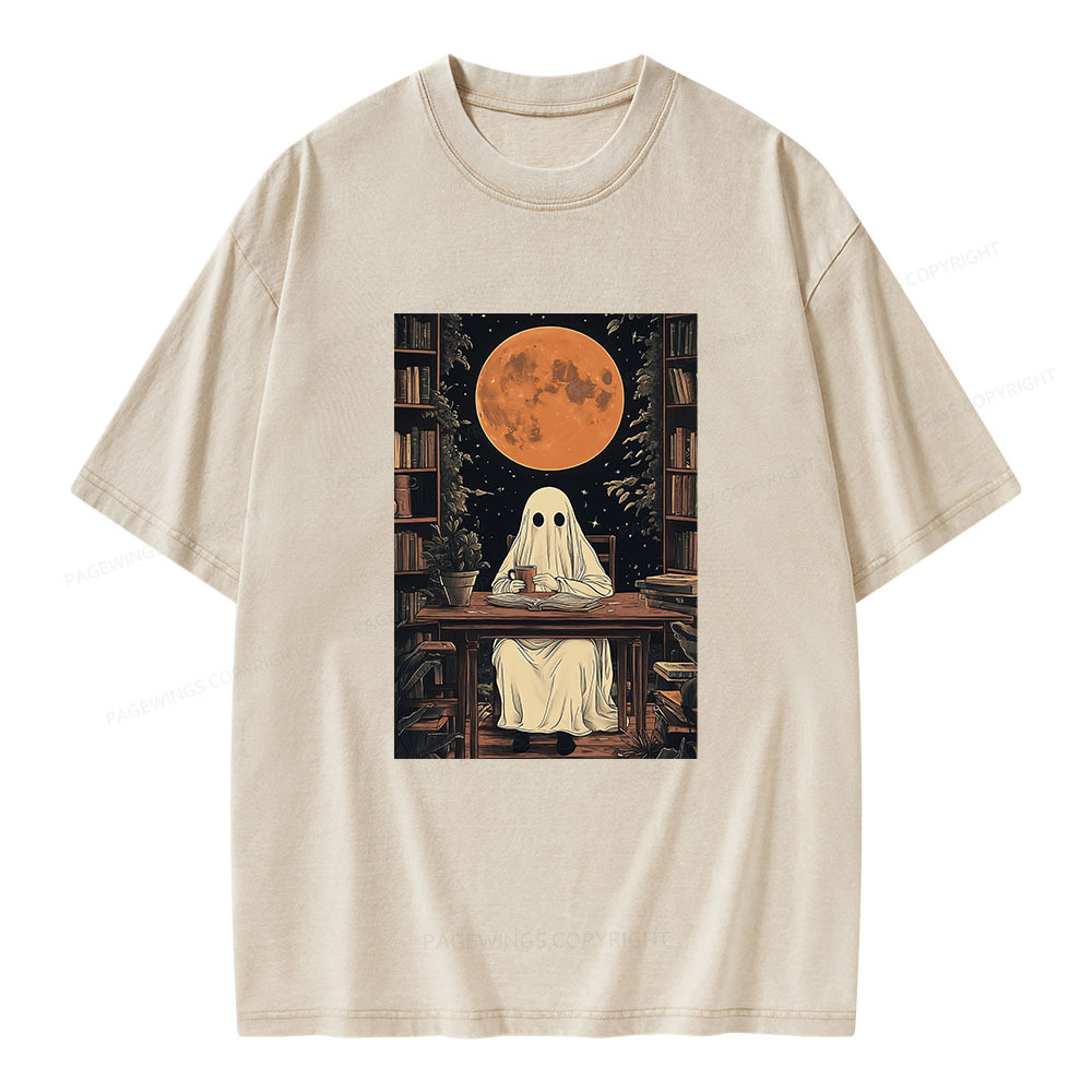 Pagewings Halloween Ghost Books Coffee  Unisex Washed T-shirt
