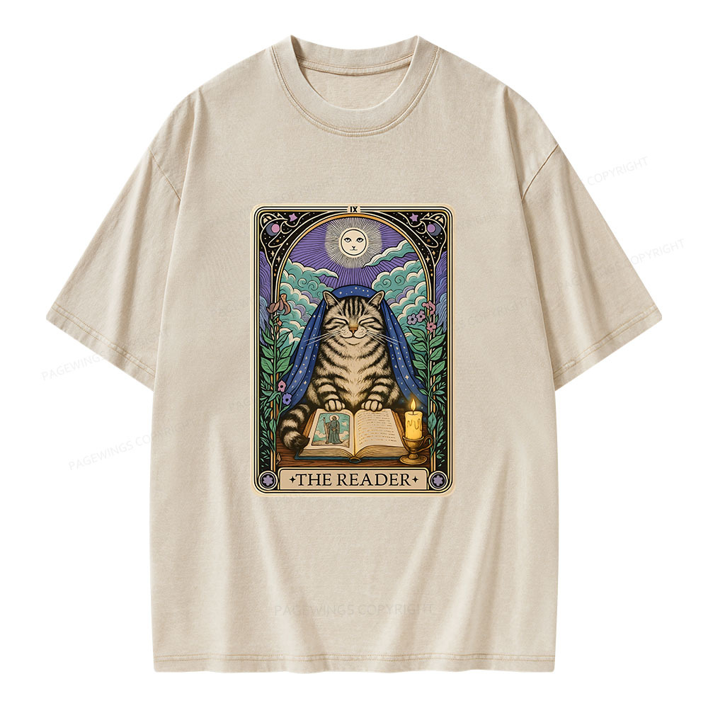 Pagewings The Reader Cat Tarot CardsUnisex Washed T-shirt