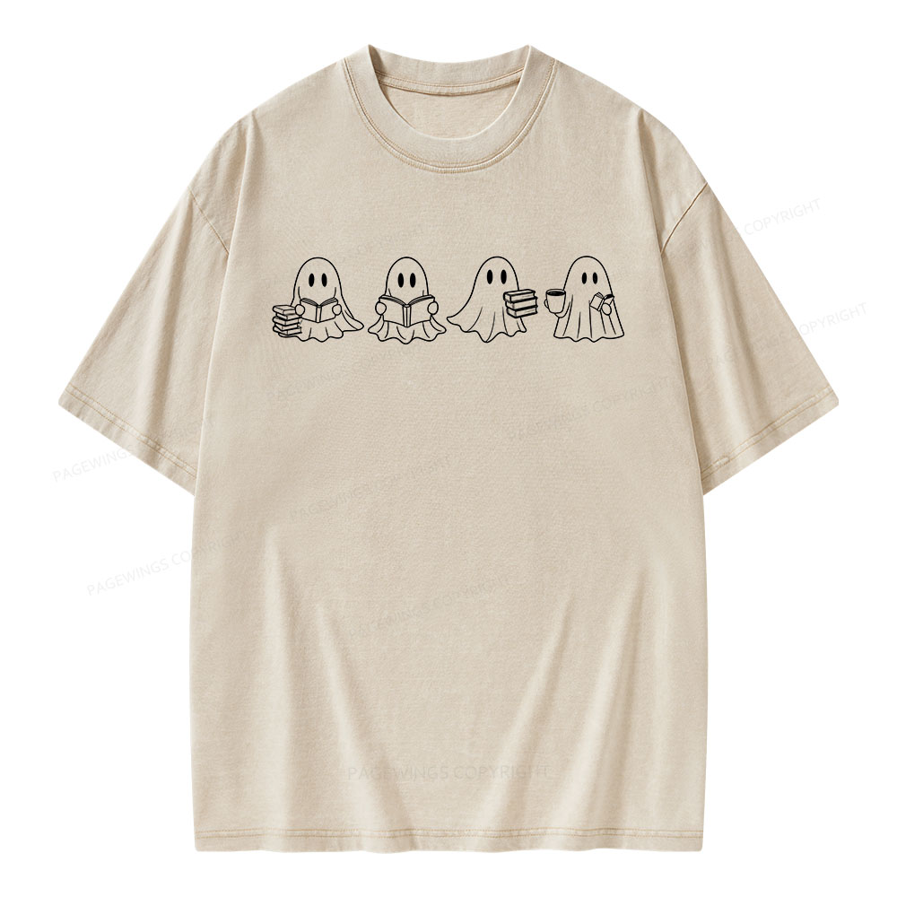 Pagewings Halloween Cute Ghost Reading Books Unisex Washed T-shirt