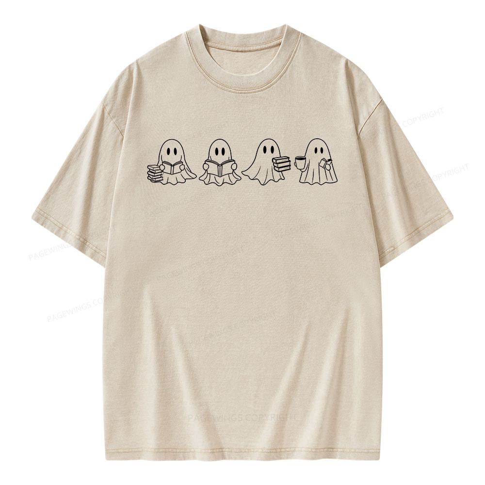 Pagewings Halloween Cute Ghost Reading Books Unisex Washed T-shirt