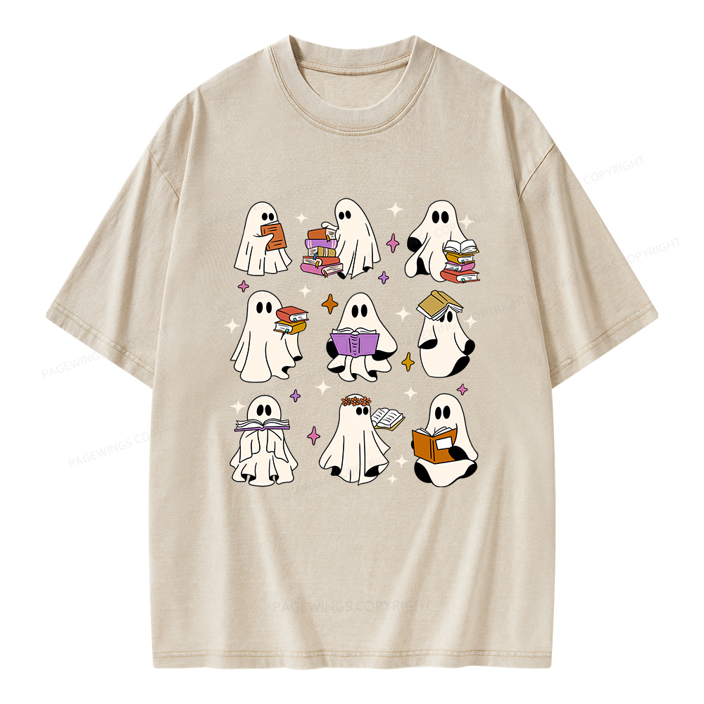 Pagewings Ghost Reading Books Unisex Washed T-shirt
