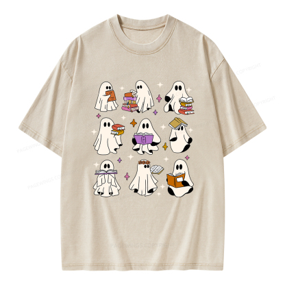 Pagewings Ghost Reading Books Unisex Washed T-shirt