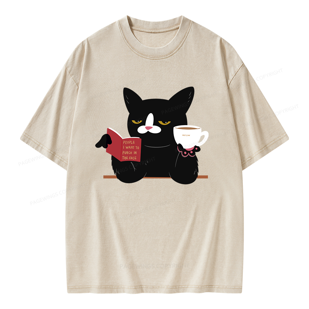 Pagewings A Cat Reading A Book While Drinking Coffee Unisex Washed T-shirt