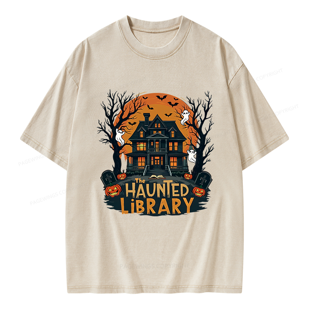 Pagewings Haunted Library Halloween Unisex Washed T-shirt