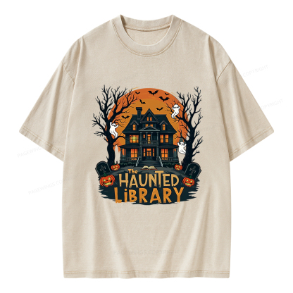 Pagewings Haunted Library Halloween Unisex Washed T-shirt