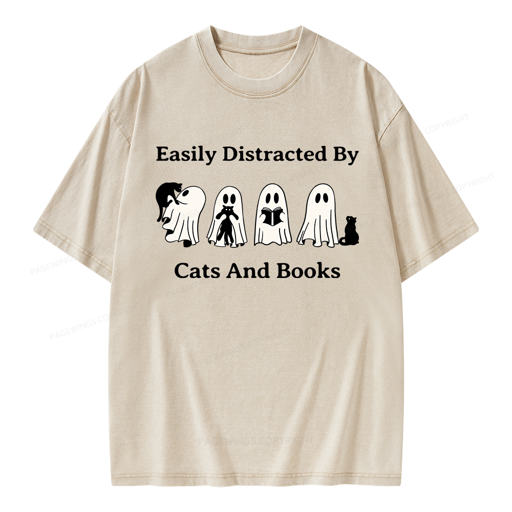 Pagewings Easily Distracted By Cats And Books Unisex Washed T-shirt